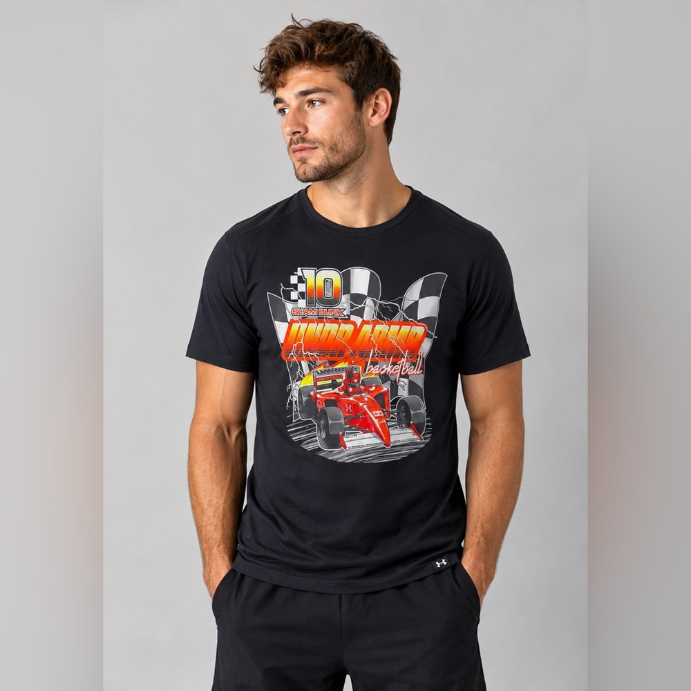 Under Armour Slam Dunk Indy Car Racing Graphic Tee Shirt Black Men’s Medium